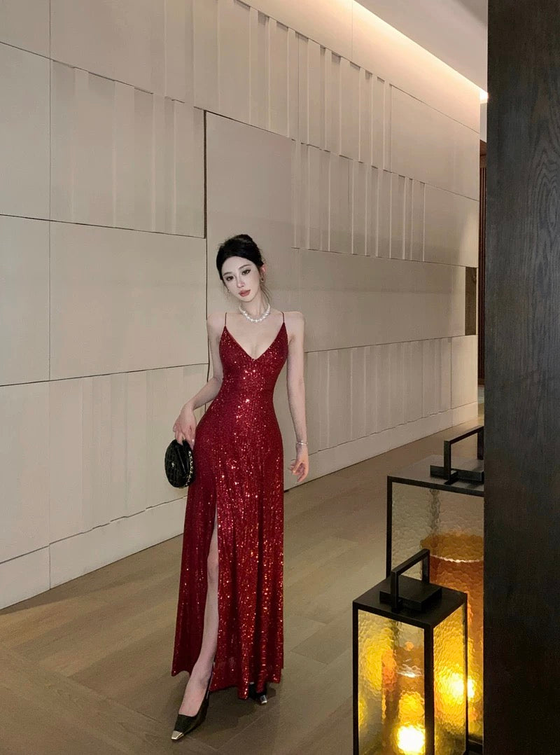 Robe élégante de 18e anniversaire à paillettes, bretelles spaghetti, dos nu, fente, ligne A, scintillante pour invitée de mariage N4017