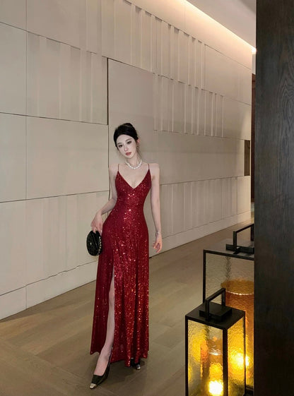 Robe élégante de 18e anniversaire à paillettes, bretelles spaghetti, dos nu, fente, ligne A, scintillante pour invitée de mariage N4017