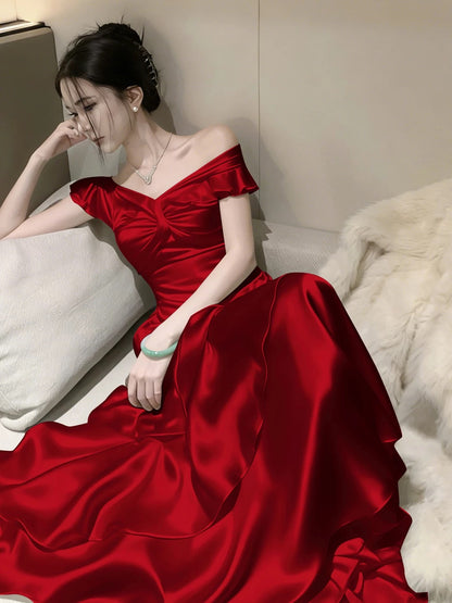 Sexy Mermaid Off The Shoulder Red Long Date Night 18th Birthday Outfits Formal Prom Dresses RB5698