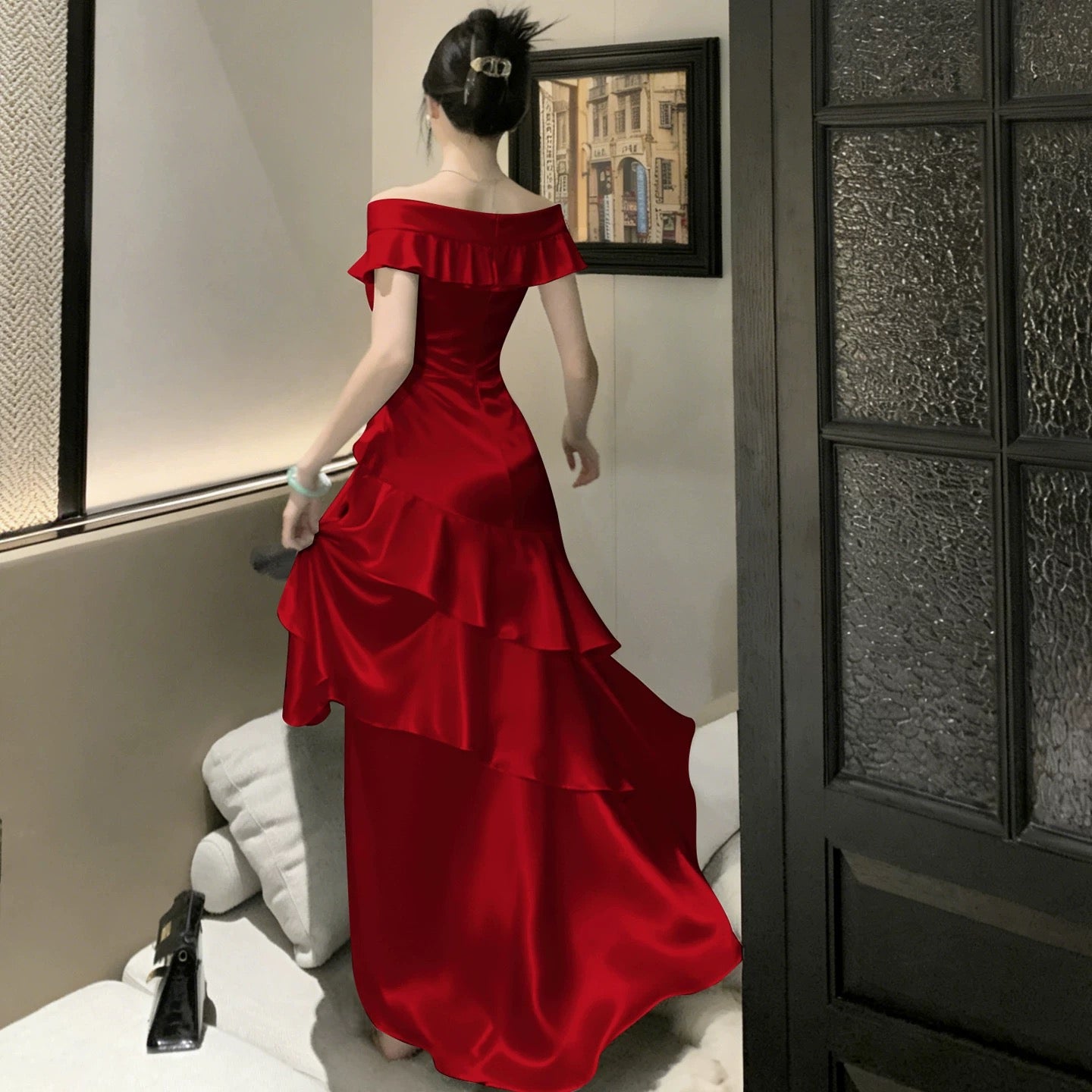 Sexy Mermaid Off The Shoulder Red Long Date Night 18th Birthday Outfits Formal Prom Dresses RB5698
