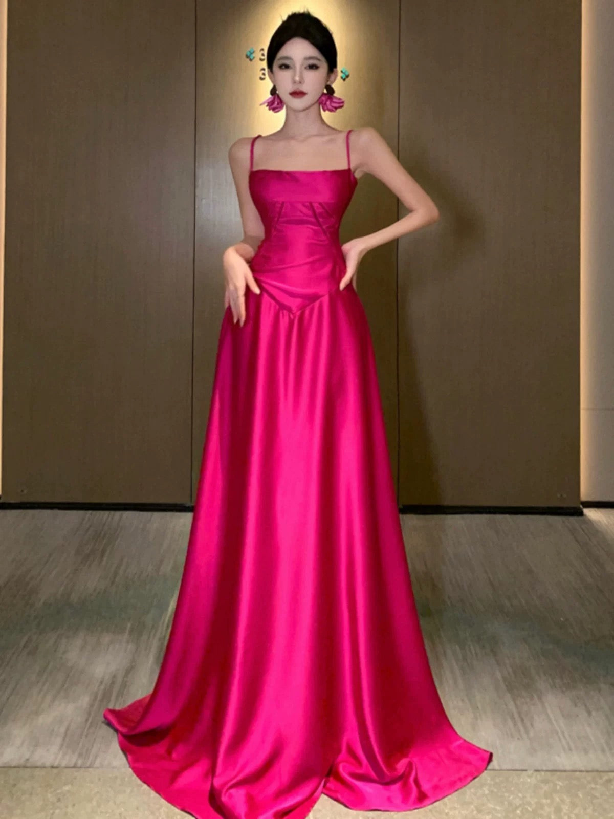 Modest A line Spaghetti Strap Pink Satin Corset Fitted Sleeveless Date Night Outfits Formal Prom Gown 19th Birthday Dresses RB5701