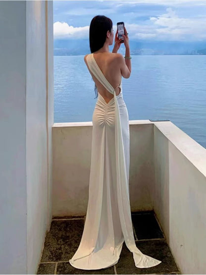 Sexy Mermaid One Shoulder White Chiffon Long Backless Date Night 18th Birthday Outfits Formal Prom Dresses RB5702