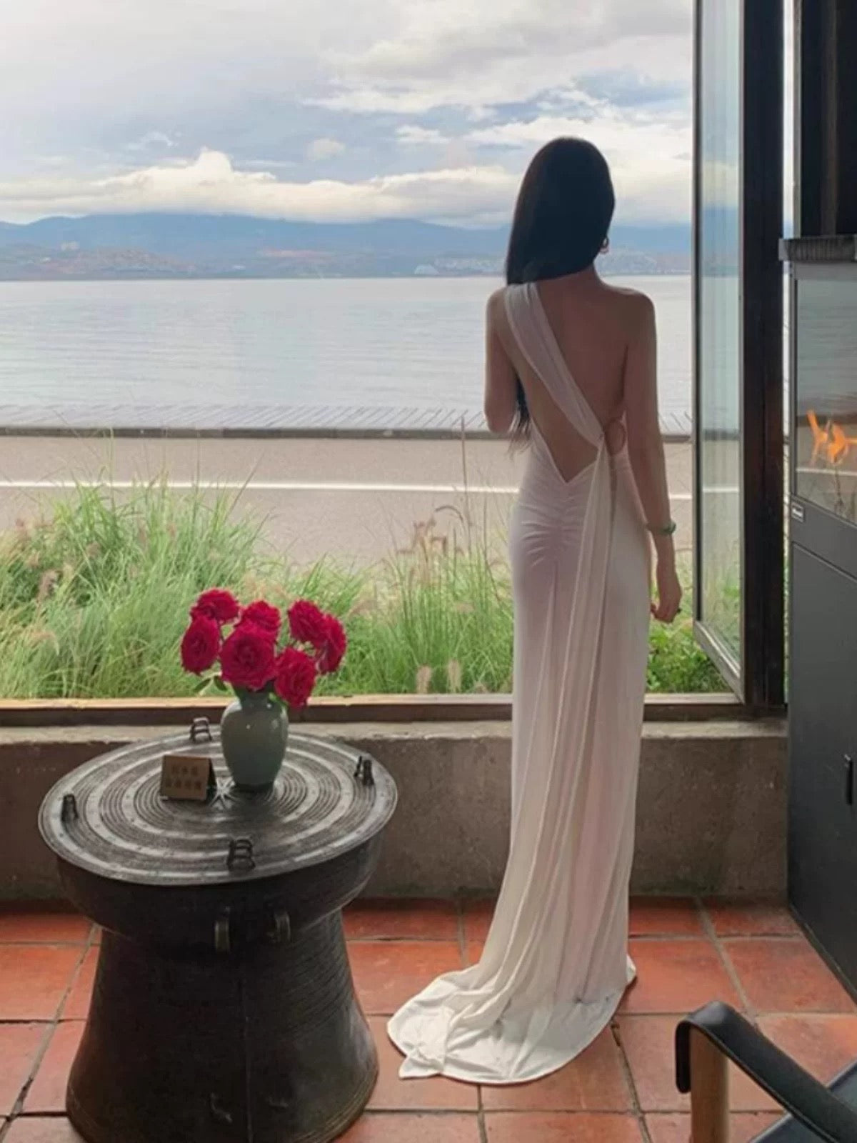 Sexy Mermaid One Shoulder White Chiffon Long Backless Date Night 18th Birthday Outfits Formal Prom Dresses RB5702