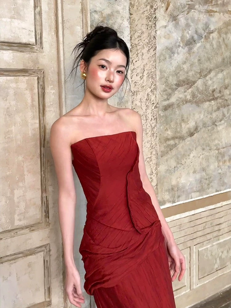 Sexy Mermaid Strapless Burgundy Taffeta Long Date Night 18th Birthday Outfits Formal Prom Dresses RB5704