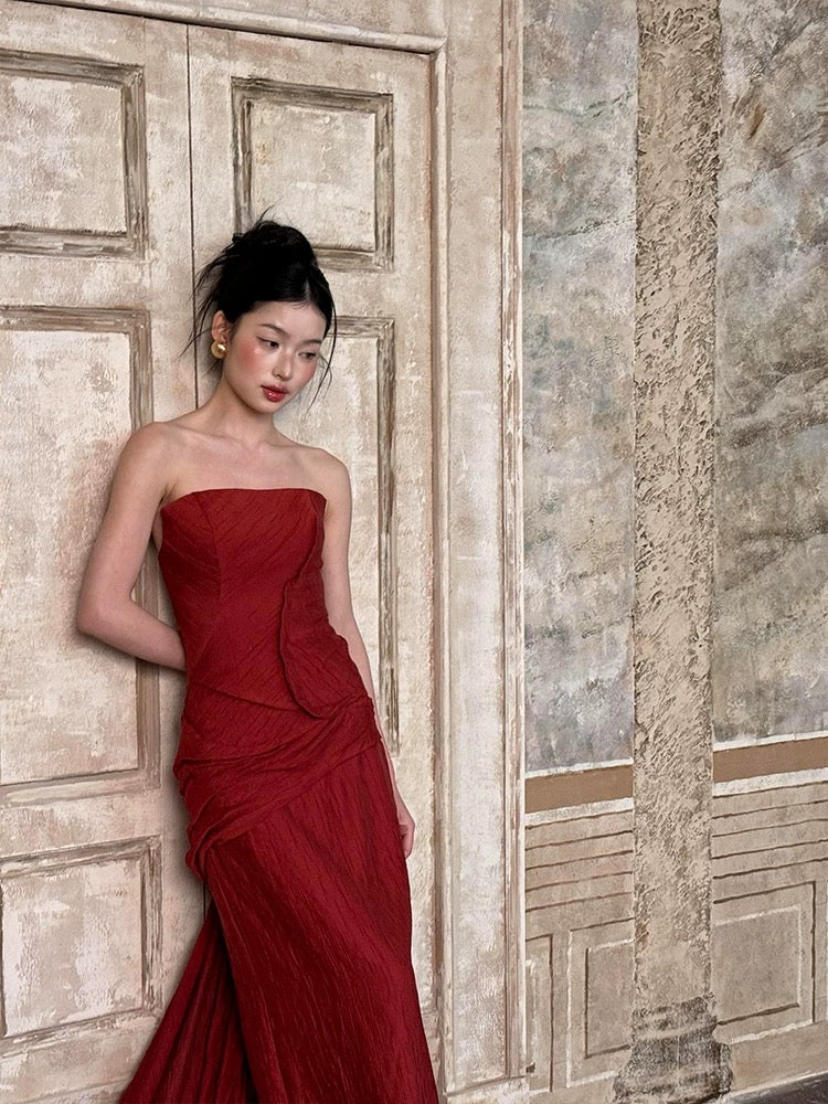 Sexy Mermaid Strapless Burgundy Taffeta Long Date Night 18th Birthday Outfits Formal Prom Dresses RB5704