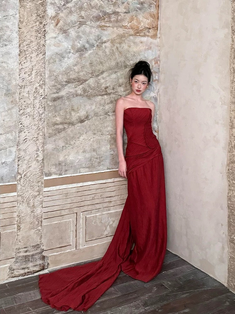Sexy Mermaid Strapless Burgundy Taffeta Long Date Night 18th Birthday Outfits Formal Prom Dresses RB5704