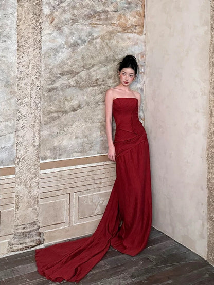 Sexy Mermaid Strapless Burgundy Taffeta Long Date Night 18th Birthday Outfits Formal Prom Dresses RB5704