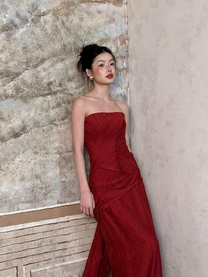 Sexy Mermaid Strapless Burgundy Taffeta Long Date Night 18th Birthday Outfits Formal Prom Dresses RB5704