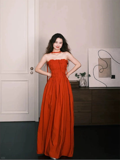 Sexy A line Strapless Rust Red Taffeta Long Date Night 18th Birthday Outfits Formal Prom Dresses RB5705