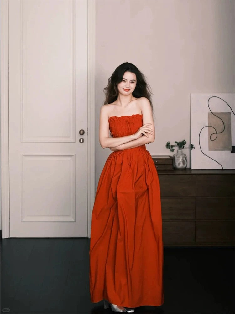 Sexy A line Strapless Rust Red Taffeta Long Date Night 18th Birthday Outfits Formal Prom Dresses RB5705