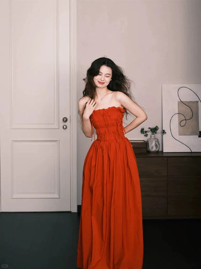 Sexy A line Strapless Rust Red Taffeta Long Date Night 18th Birthday Outfits Formal Prom Dresses RB5705