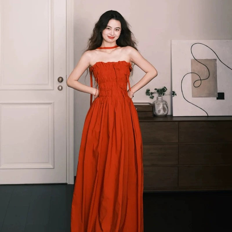 Sexy A line Strapless Rust Red Taffeta Long Date Night 18th Birthday Outfits Formal Prom Dresses RB5705