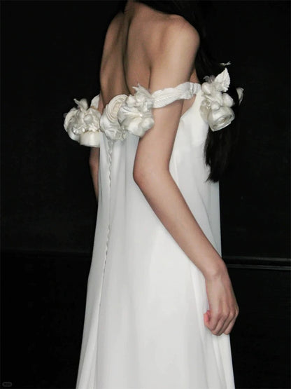 Charming A Line Off The Shoulder White Chiffon With Flowers Brides Gown Bridal Dress Long Wedding Dresses RB5711