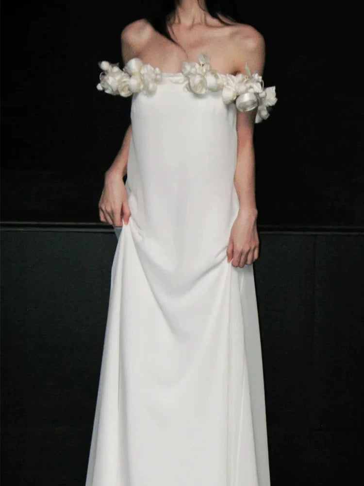 Charming A Line Off The Shoulder White Chiffon With Flowers Brides Gown Bridal Dress Long Wedding Dresses RB5711