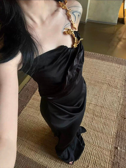 Beautiful Mermaid One Shoulder Black Tie Dress With Gold Beads Long Date Night 18th Birthday Outfits Formal Prom Dresses RB5708