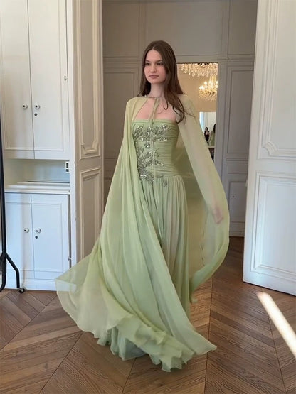 Beautiful A line Strapless Sage Green Chiffon With Cape Long Date Night 18th Birthday Outfits Formal Prom Dresses RB5707