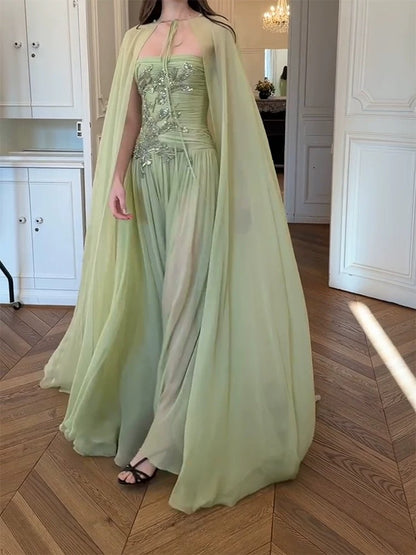 Beautiful A line Strapless Sage Green Chiffon With Cape Long Date Night 18th Birthday Outfits Formal Prom Dresses RB5707