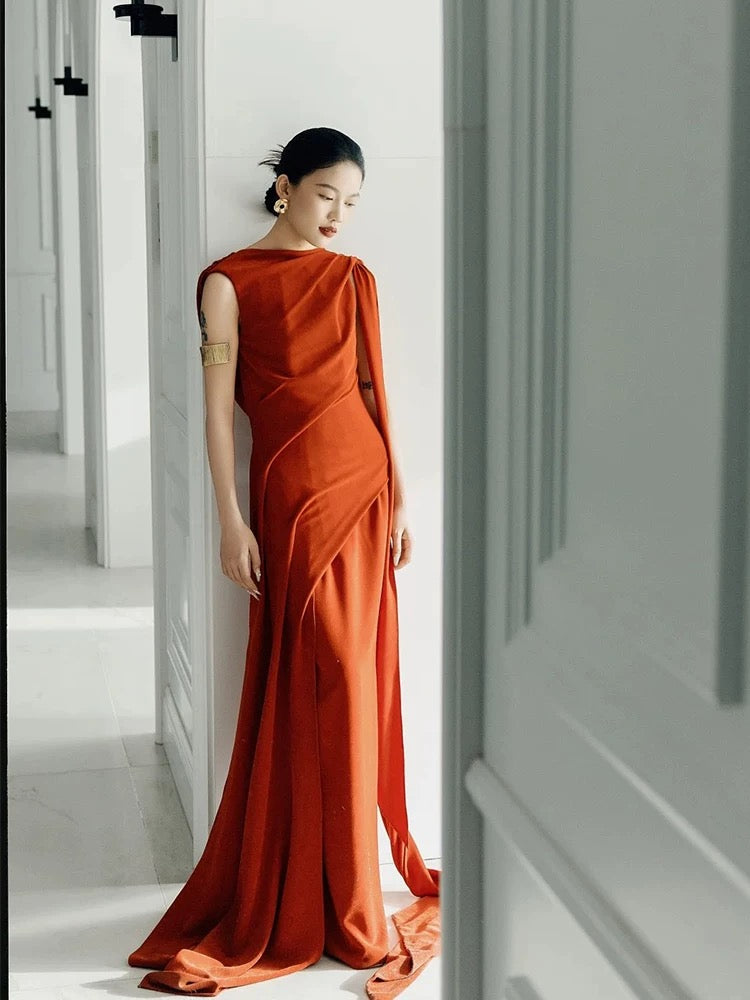 Sexy Mermaid Scoop Rust Red Satin Long Date Night 18th Birthday Outfits Formal Prom Dresses RB5706