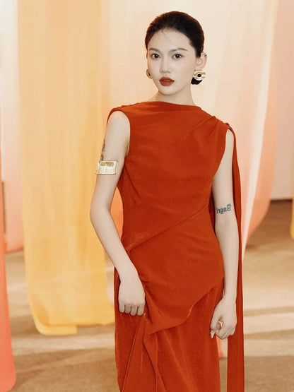 Sexy Mermaid Scoop Rust Red Satin Long Date Night 18th Birthday Outfits Formal Prom Dresses RB5706