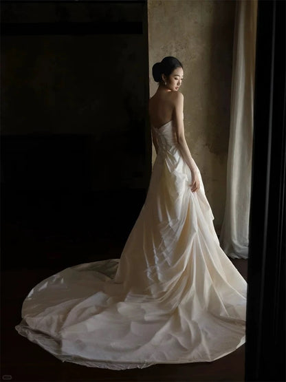 Charming Mermaid Strapless White With Ruffled Brides Gown Bridal Dress Long Wedding Dresses RB5713