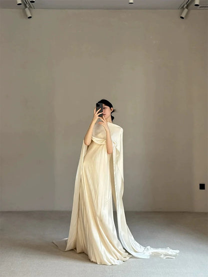 Beautiful A line Ivory Satin With Cape Long Date Night 18th Birthday Outfits Formal Prom Dresses RB5715