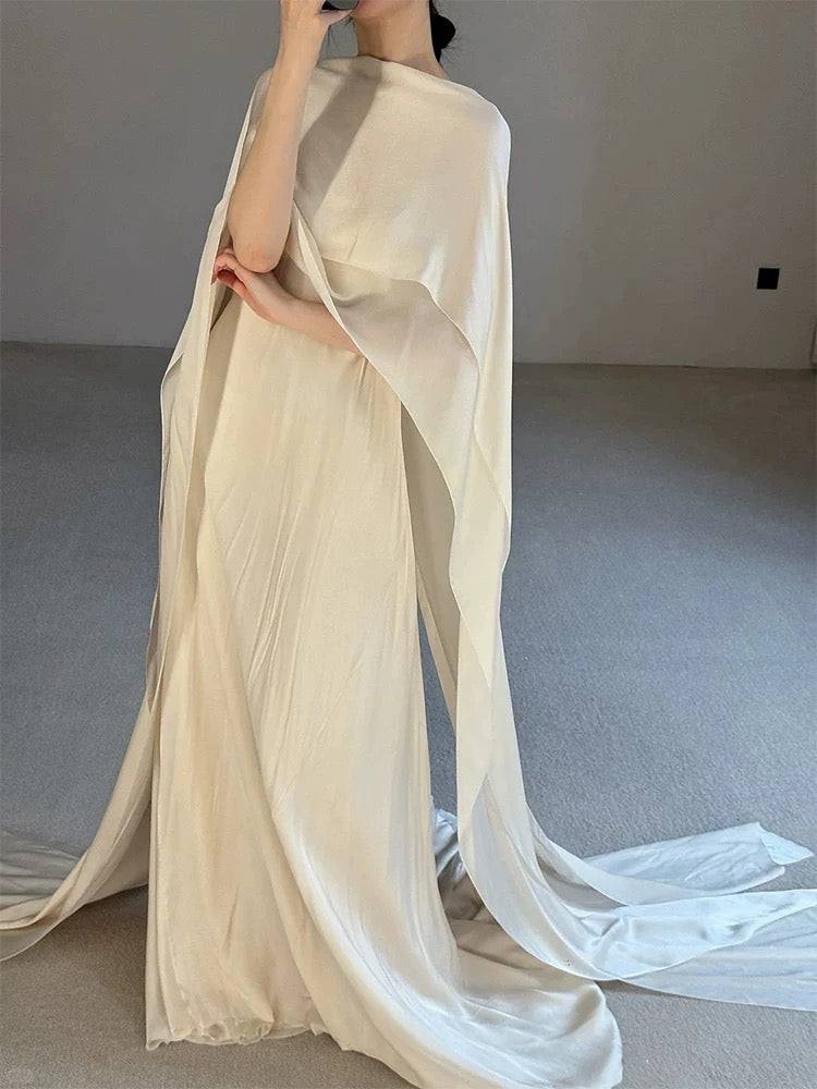 Beautiful A line Ivory Satin With Cape Long Date Night 18th Birthday Outfits Formal Prom Dresses RB5715