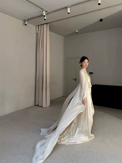 Beautiful A line Ivory Satin With Cape Long Date Night 18th Birthday Outfits Formal Prom Dresses RB5715