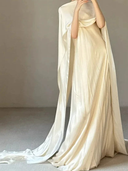 Beautiful A line Ivory Satin With Cape Long Date Night 18th Birthday Outfits Formal Prom Dresses RB5715