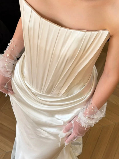 Modest Mermaid Strapless Satin White With Ruffled Brides Gown Bridal Dress Long Wedding Dresses RB5544