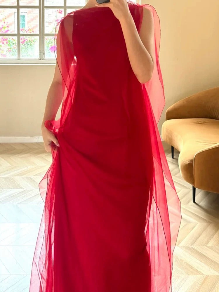 Elegant Mermaid Scoop Red Tulle Date Night Outfits Semi Formal Prom Gown Evening Dresses RB5545