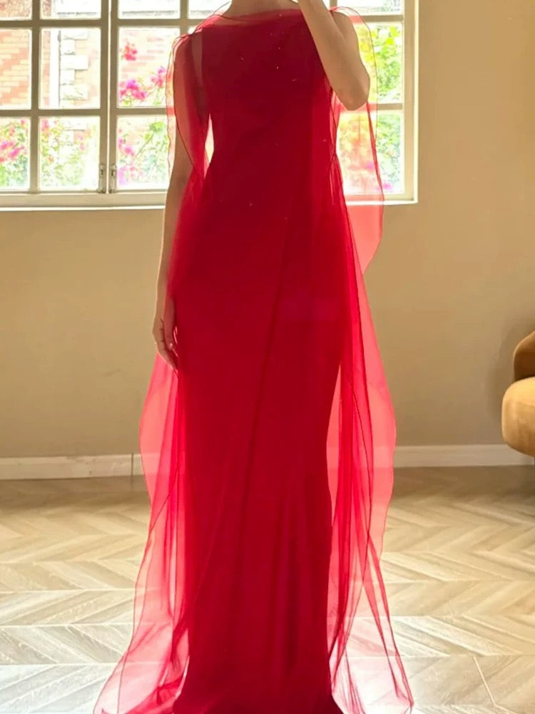 Elegant Mermaid Scoop Red Tulle Date Night Outfits Semi Formal Prom Gown Evening Dresses RB5545