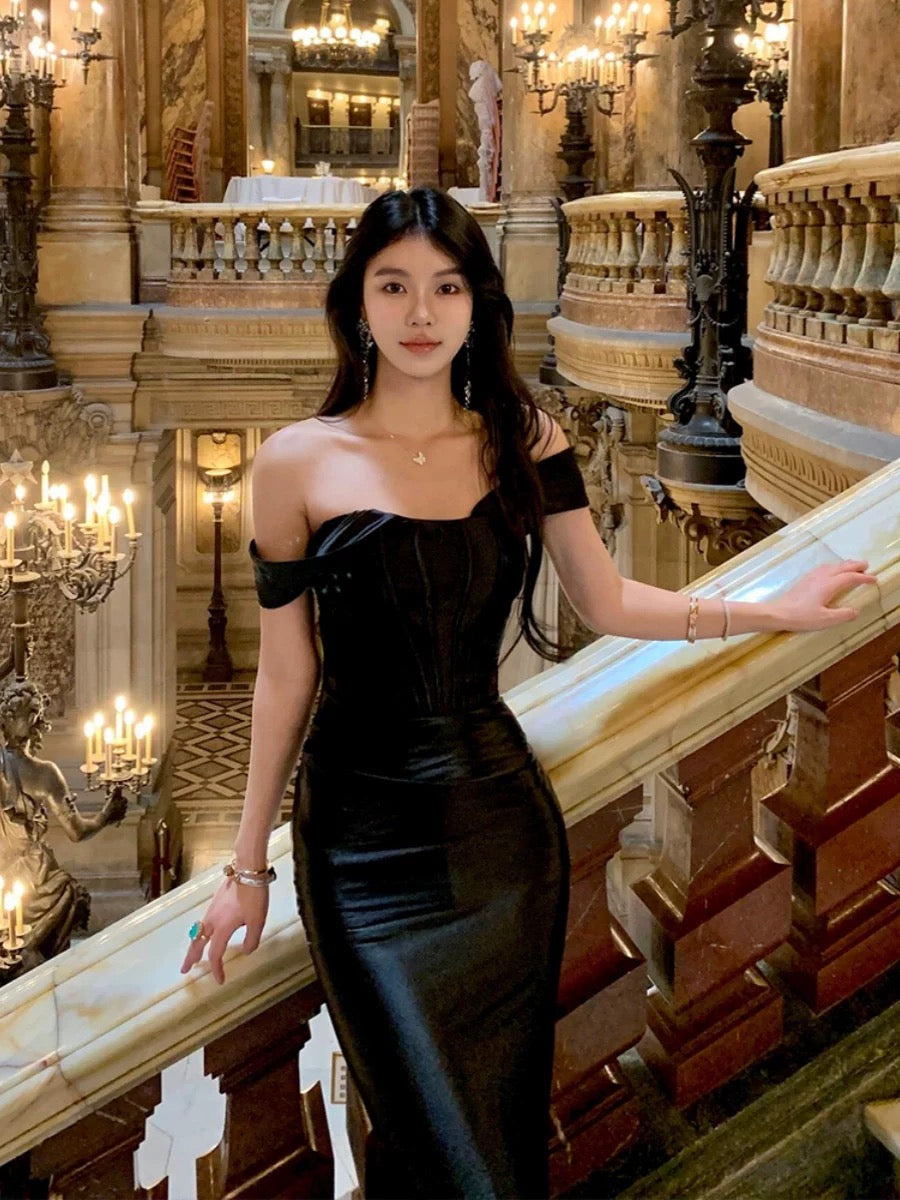 Elegant Mermaid Off The Shoulder Black Tie Dress Satin Date Night Outfits Formal Prom Gown Evening Dresses RB5547
