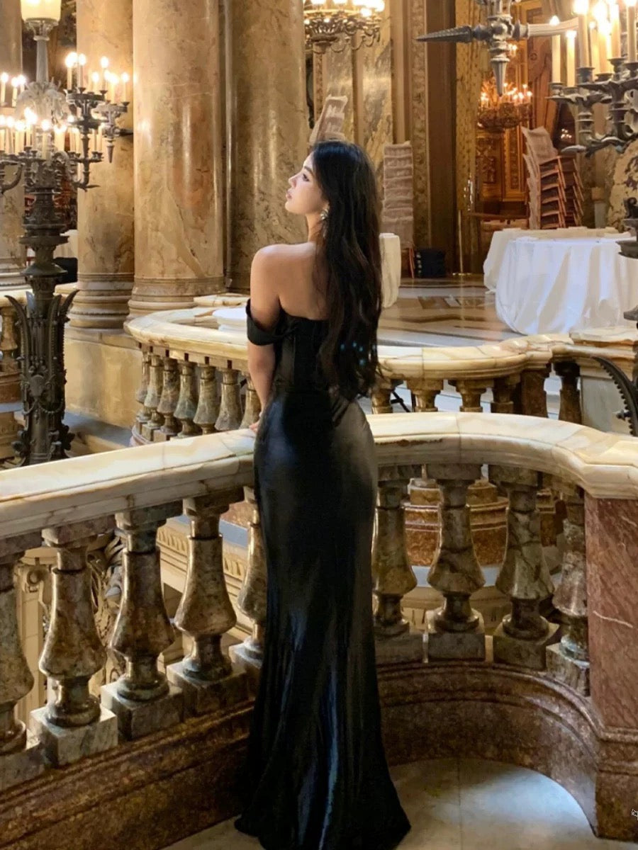 Elegant Mermaid Off The Shoulder Black Tie Dress Satin Date Night Outfits Formal Prom Gown Evening Dresses RB5547
