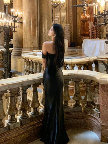 Elegant Mermaid Off The Shoulder Black Tie Dress Satin Date Night Outfits Formal Prom Gown Evening Dresses RB5547