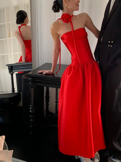 Elegant A Line Strapless Red Satin Date Night Outfits Ankle Length Formal Prom Gown Evening Dresses RB5546
