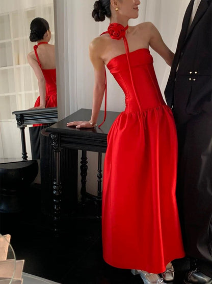 Elegant A Line Strapless Red Satin Date Night Outfits Ankle Length Formal Prom Gown Evening Dresses RB5546