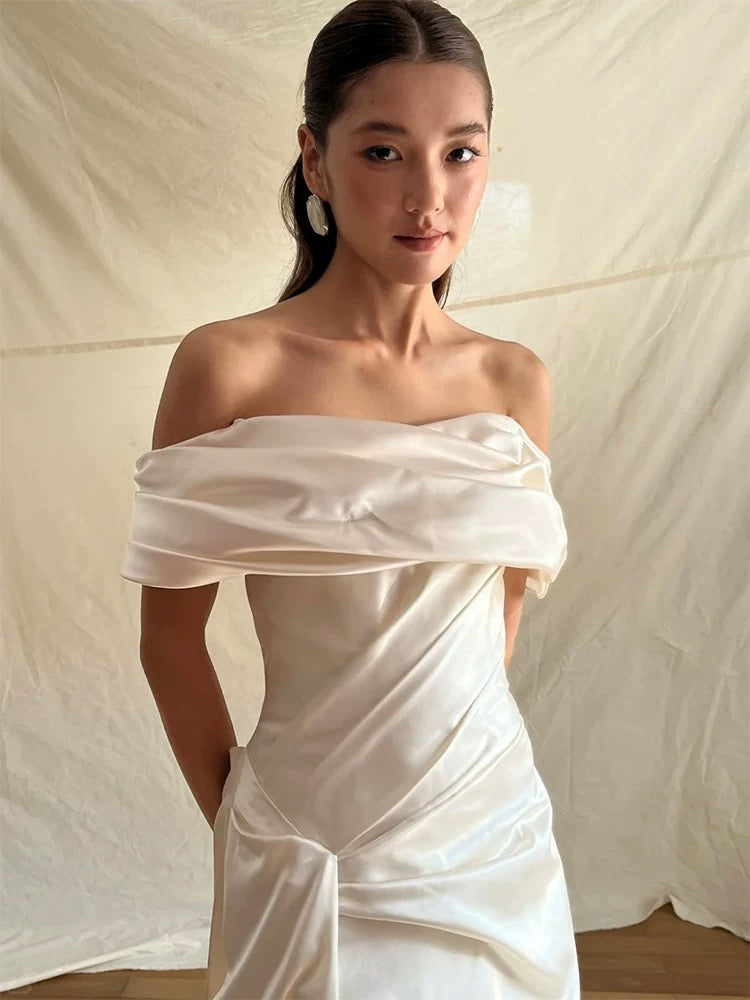 Vintage Mermaid Off The Shoulder White Satin With Ruffled Brides Gown Bridal Dress Long Wedding Dresses RB5551