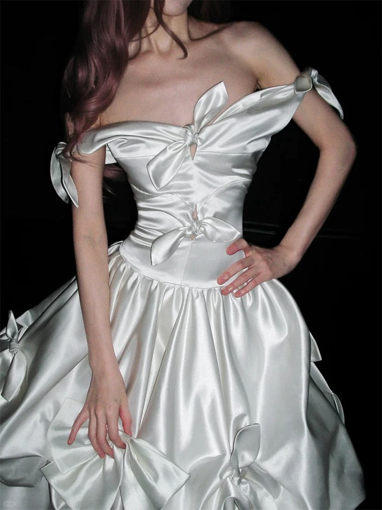 Vintage Ball Gown Off The Shoulder White Satin With Bow Brides Gown Bridal Dress Ankle Length Wedding Dresses RB5552