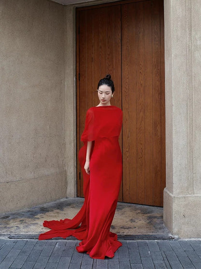 Elegant Mermaid Scoop Red Chiffon With Cape Date Night Outfits Semi Formal Prom Gown Evening Dresses RB5554