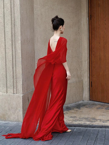 Elegant Mermaid Scoop Red Chiffon With Cape Date Night Outfits Semi Formal Prom Gown Evening Dresses RB5554