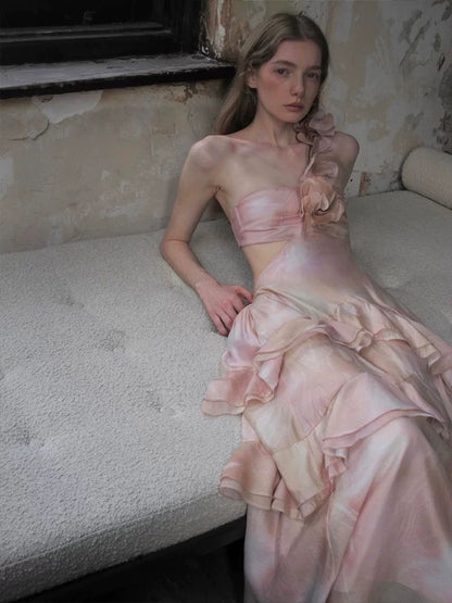 Elegant A line One Shoulder Pink Chiffon With Ruffled Date Night Outfits Semi Formal Prom Gown Evening Dresses RB5557
