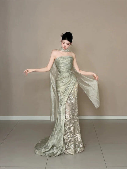Elegant Mermaid Strapless Sage Green With Ruffled Lace Date Night Outfits Semi Formal Prom Gown Evening Dresses RB5560