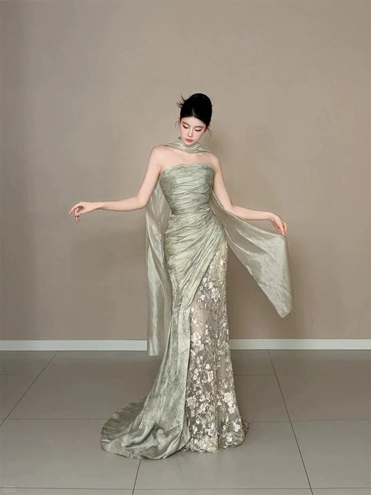 Elegant Mermaid Strapless Sage Green With Ruffled Lace Date Night Outfits Semi Formal Prom Gown Evening Dresses RB5560