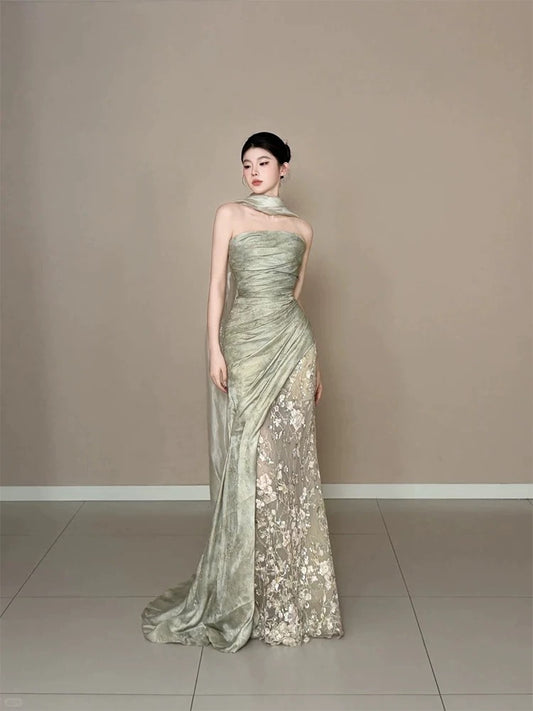 Elegant Mermaid Strapless Sage Green With Ruffled Lace Date Night Outfits Semi Formal Prom Gown Evening Dresses RB5560
