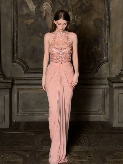 Elegant Mermaid High Neck Pink Chiffon With Beading Date Night Outfits Semi Formal Prom Gown Evening Dresses RB5562