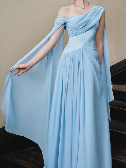 Stylish A Line One Shoulder Blue Chiffon With Scarf Long Floor Length Evening Dresses Inspo Evening Outfits RB5149