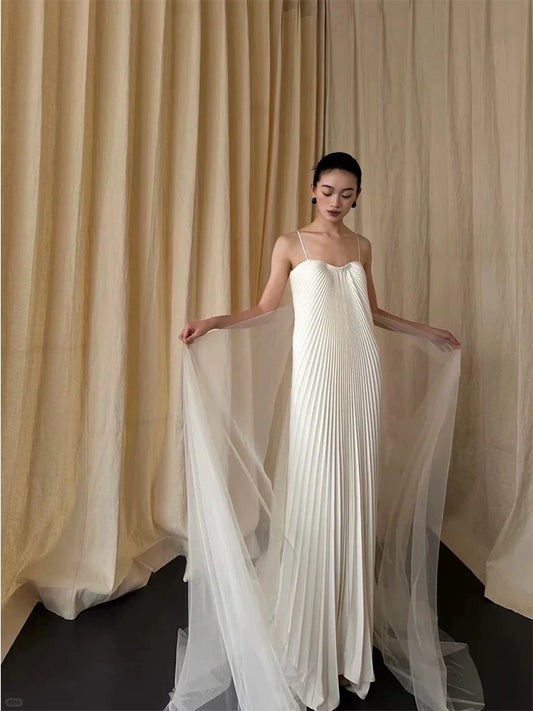 Simple A Line Spaghetti Strap White Tulle Wedding Bridal Dress Long Wedding Dresses RB5151