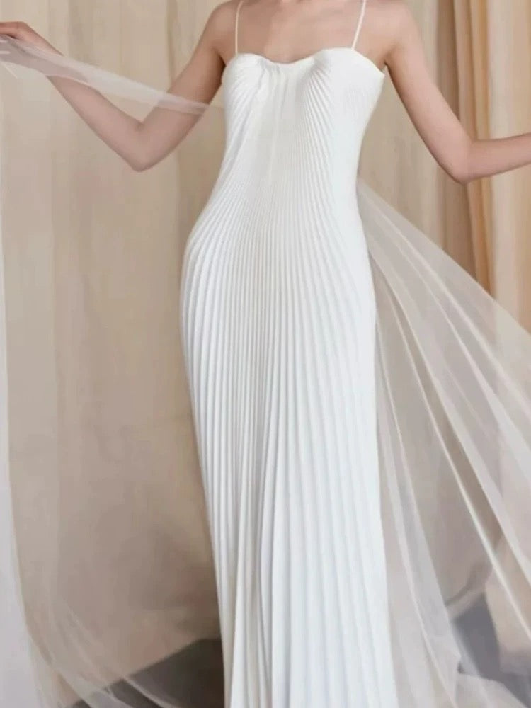 Simple A Line Spaghetti Strap White Tulle Wedding Bridal Dress Long Wedding Dresses RB5151