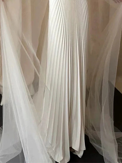 Simple A Line Spaghetti Strap White Tulle Wedding Bridal Dress Long Wedding Dresses RB5151