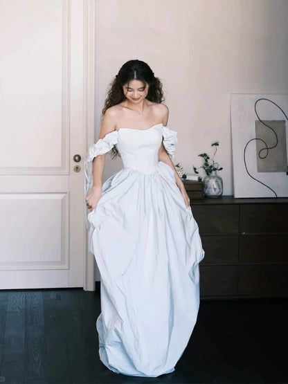 Stylish Ball Gown Off The Shoulder Light Blue Satin Long Floor Length Evening Dresses Inspo Evening Outfits RB5152